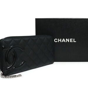 Auth New Chanel Cambon Y2K Zip Wallet +Box +Card Quilted Black Lambskin